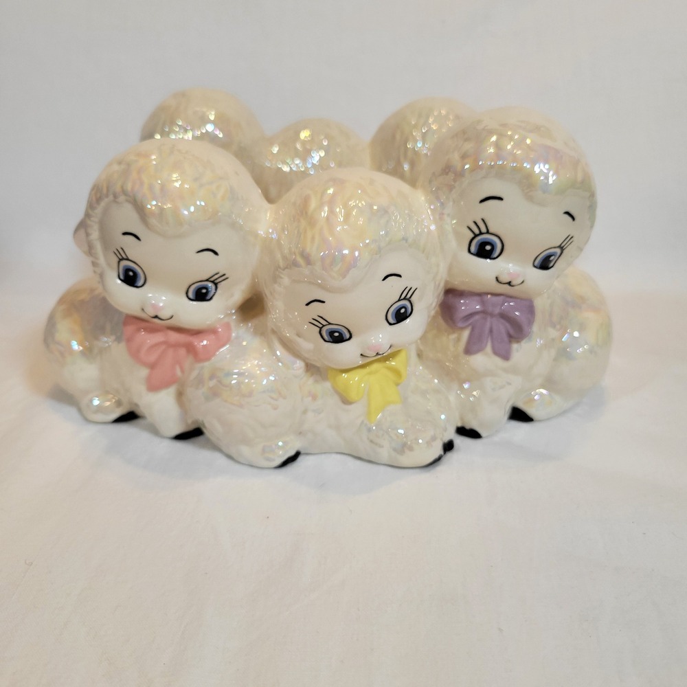 VTG Ceramic Lamb Planter Trinket Bowl 1985 Bows Iridescent Pearlized Kitsch Baby